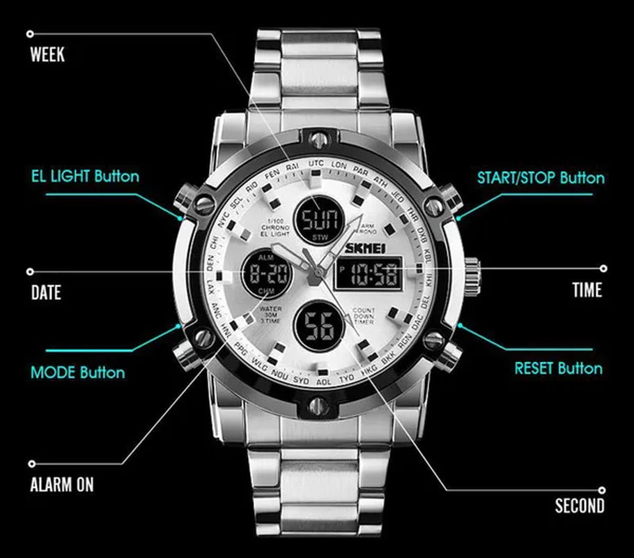 Mens SKMEI Watches Top Luxury Brand Sport Countdown Stainless Steel Strap Wrist watch