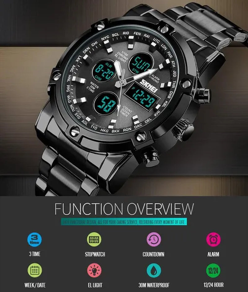 Mens SKMEI Watches Top Luxury Brand Sport Countdown Stainless Steel Strap Wrist watch