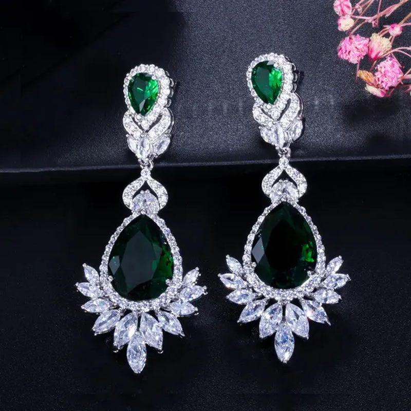 CANDICE Gorgeous Natural Red Green Zirconia Setting Silver Plated Big Teardrop Dangle Earrings for Women Party Dress Accessories