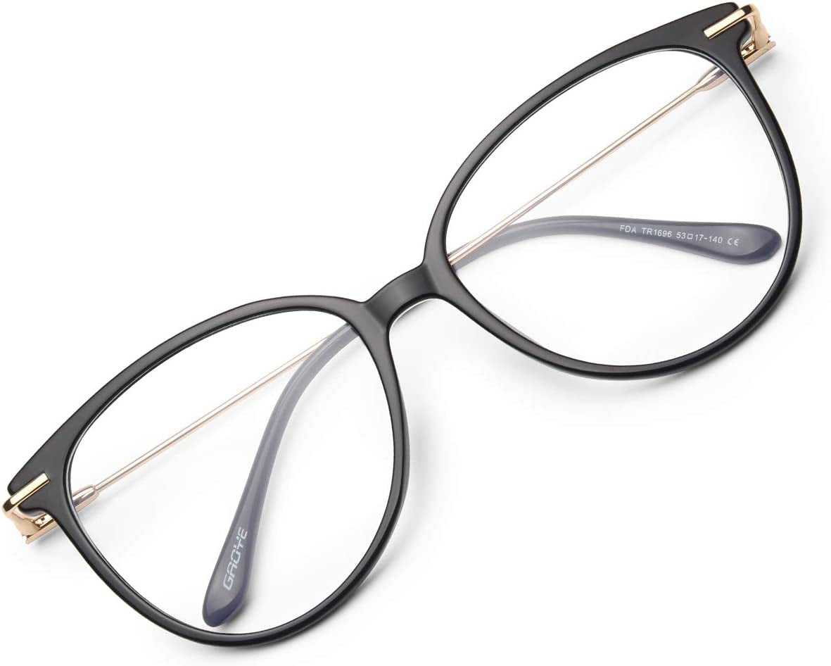Blue Light Blocking Glasses Women/Men, Fashion Cat Eye Fake Eyeglasses UV Ray Filter Computer Gaming Glasses (Light Black Frames/Transparent Lens)