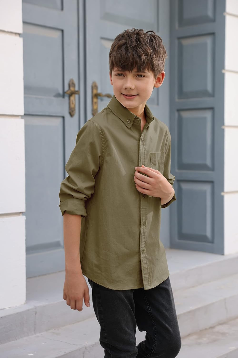 Boys' Long Sleeve Dress Shirts Classic Collared Button-Down Tshirt Solid Cotton Top with Chest Pocket